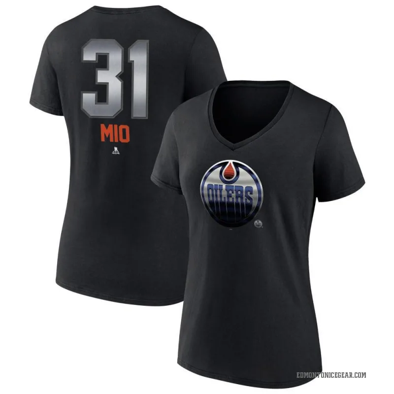 Eddie Mio Women's Black Edmonton Oilers Midnight Mascot Logo V-Neck T-Shirt