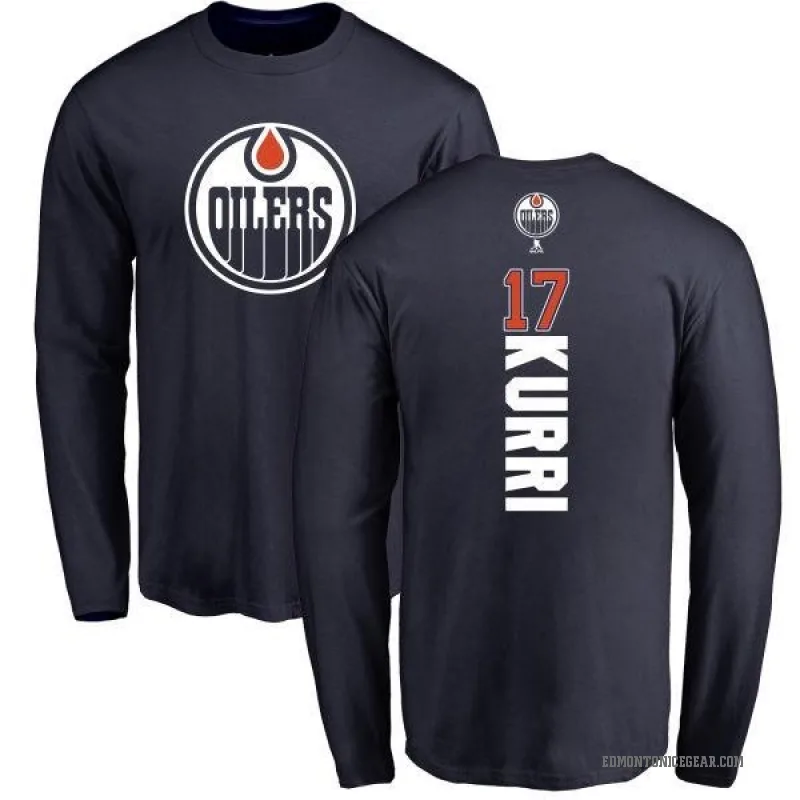 Jari Kurri Men's Navy Edmonton Oilers Backer Long Sleeve T-Shirt -