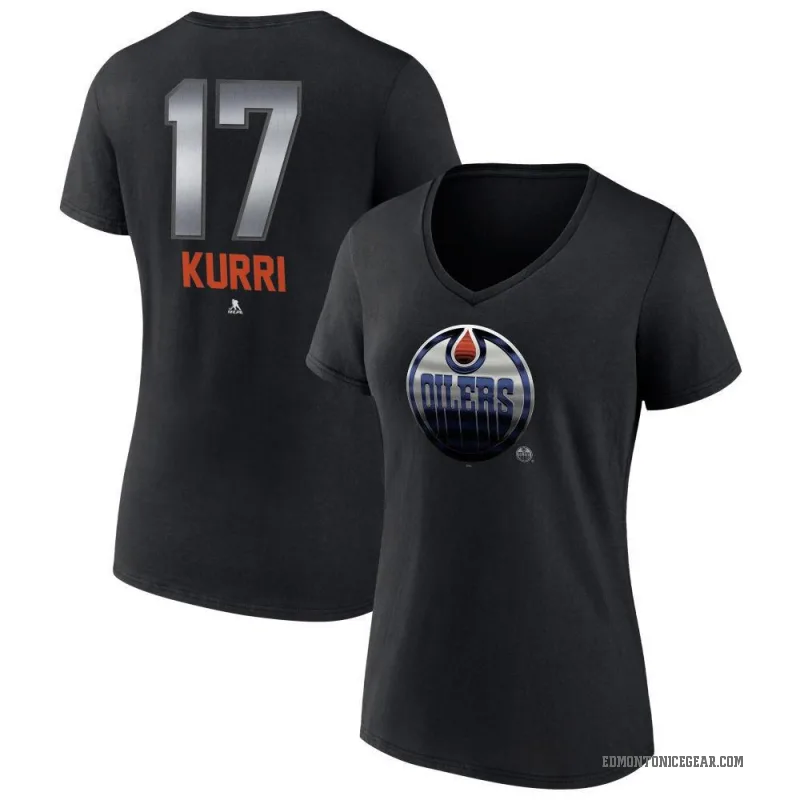 Jari Kurri Women's Black Edmonton Oilers Midnight Mascot Logo V-Neck T-Shirt